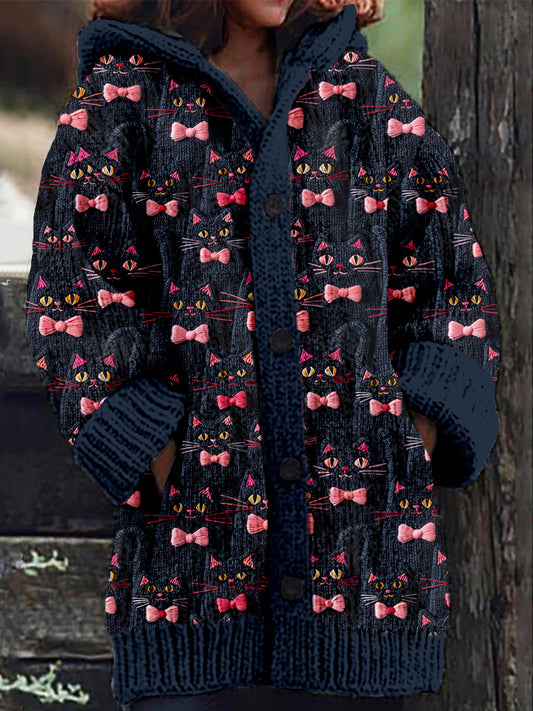 Black Cat With Pink Coquette Bow Knitted Cozy Cardigan elevenforest