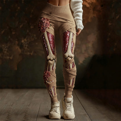 Comstylish Classy Roses Skeleton Anatomy Sequins Bandages Cozy Knit Leggings