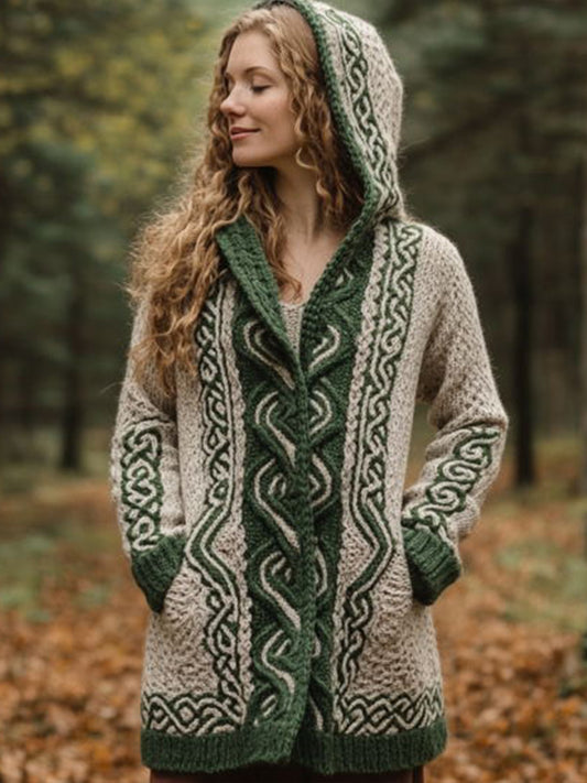 Women's Irish Celtic Knot Cozy Knit Hooded Cardigan elevenforest