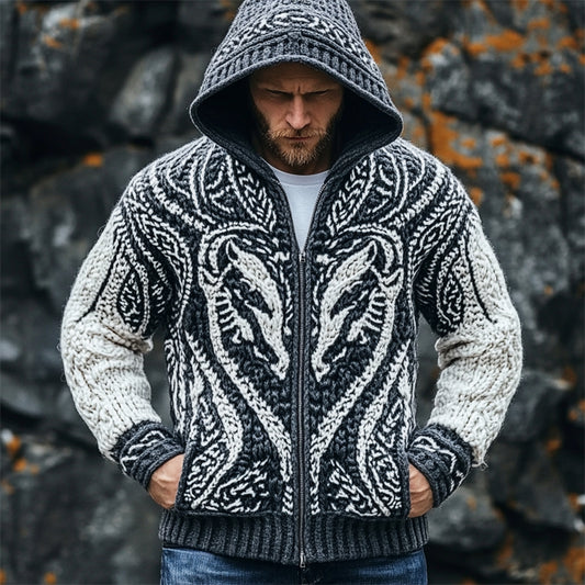 Men's Viking Wolf Inspired Celtic Contrast Chunky Hooded Cardigan elevenforest