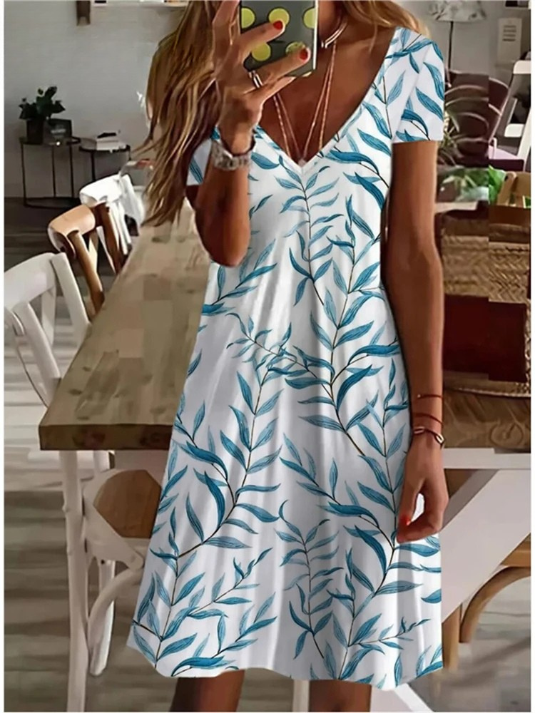 KL | Mujer Sundress Midi Vestido Manga Corta Estampado Floral Verano Casual Cuello en V Vestidos Sueltos Talla Grande 2024 Ropa de Mujer Vestidos