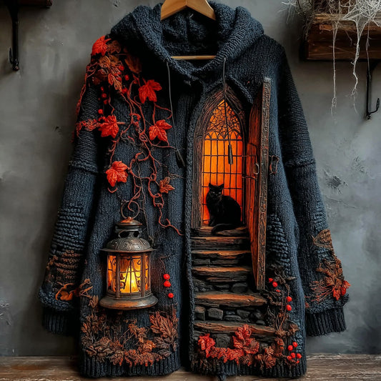 Women's Halloween Little House Cat Art Knitted Button Sweater Cardigan artswardrobe