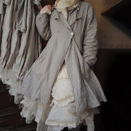 Vintage Striped Fold Over Collar Button Loose Coat artswardrobe