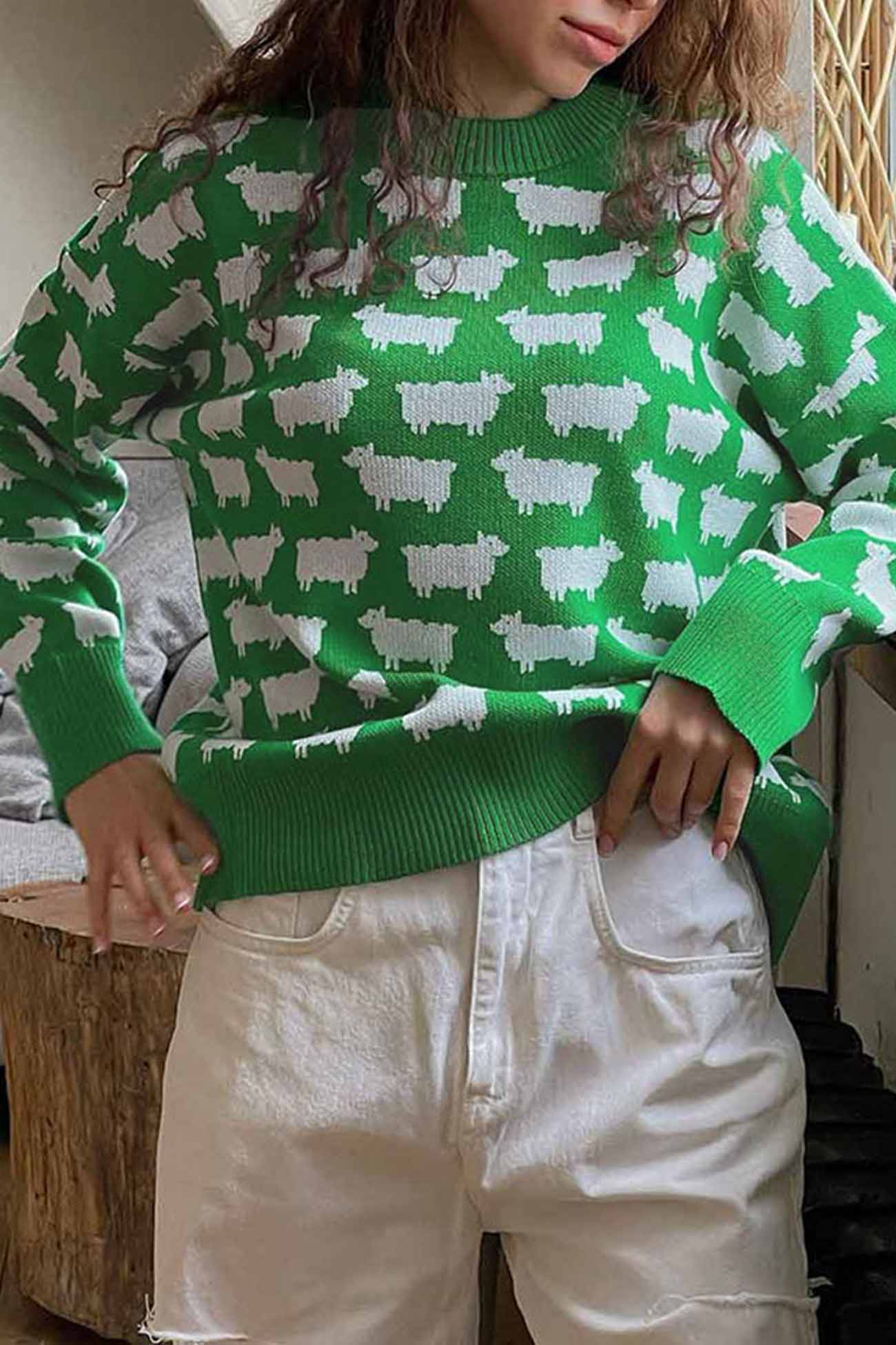 Dagmar® | Long-sleeved sweater with a crew neck and a sheep pattern