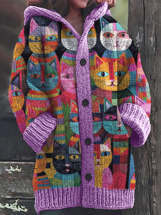 Colorful Cats Pattern Cozy Hooded Cardigan elevenforest