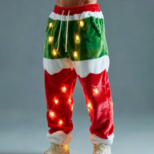 Comstylish Men's Fun Christmas Lights Color Block Comfortable Plush Sweatpants