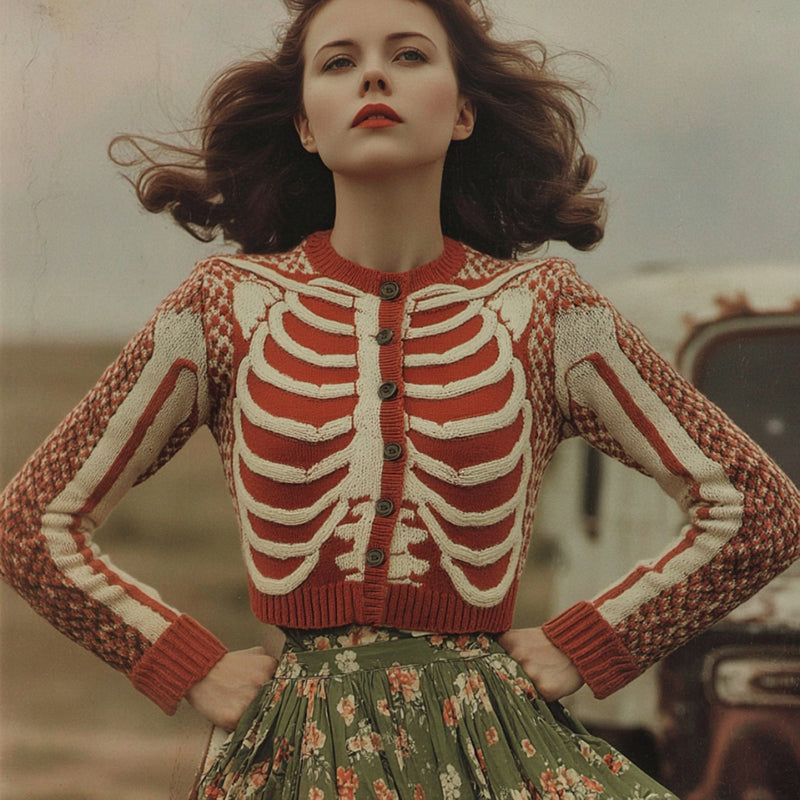 Women's Vintage Skull Ribs Pattern Knit Sweater Cardigan artswardrobe