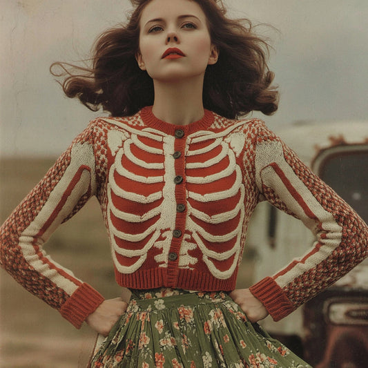 Women's Vintage Skull Ribs Pattern Knit Sweater Cardigan artswardrobe