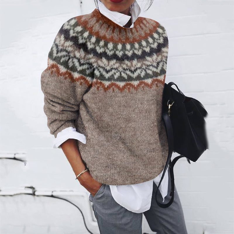 Jersey de cuello redondo en mezcla de lana con canesú Fair Isle en óxido y antracita