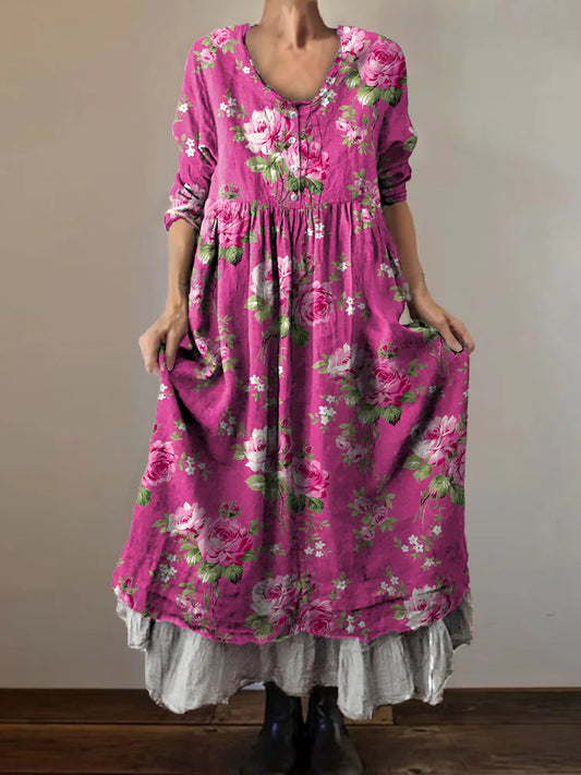 Women's Vintage Rose Floral Art Print V-Neck Button Pocket Cotton Dres