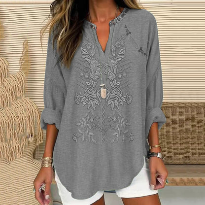 Vintage Embroidered Floral V-neck Linen Blend Blouse artswardrobe