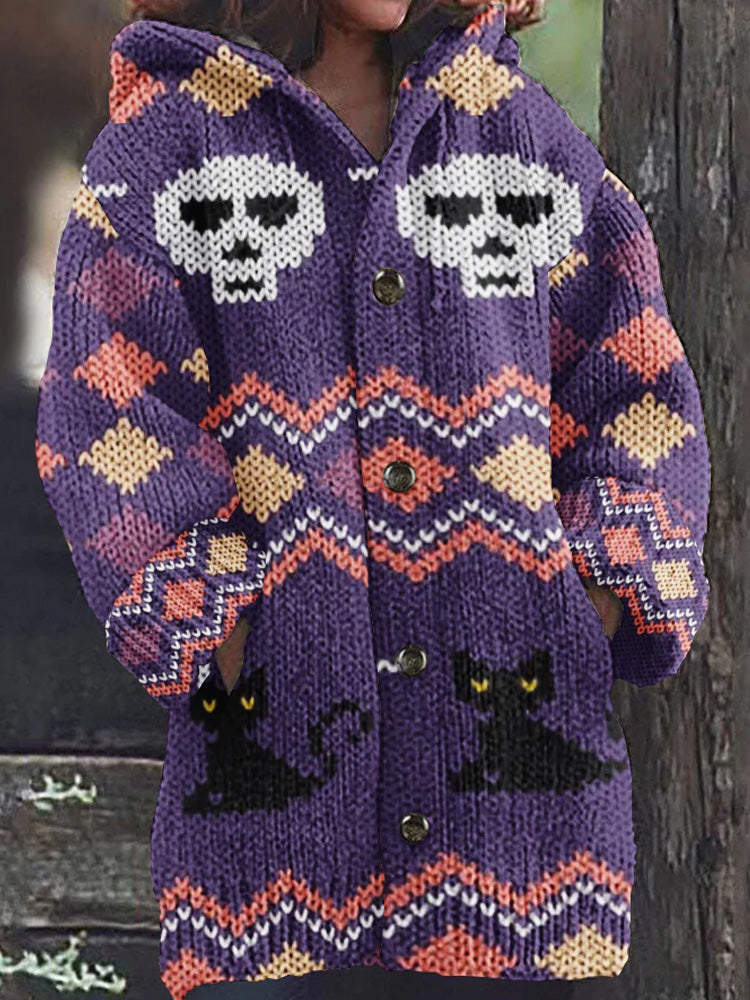 Women's Halloween Spooky Cat Embroidery Knitted Cardigan Sweater artswardrobe