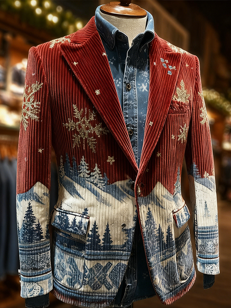 Comstylish Men's Retro Christmas Element Design Corduroy Suit Coat