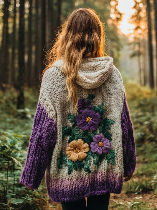 Vintage Flower Embroidered Cozy Knit Hooded Cardigan elevenforest