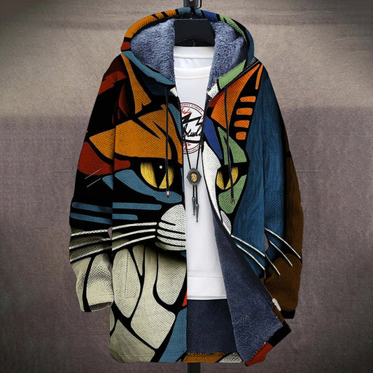 Abstract Art Cat Print Plush Long Sleeve Sweater Jacket Cardigan elevenforest