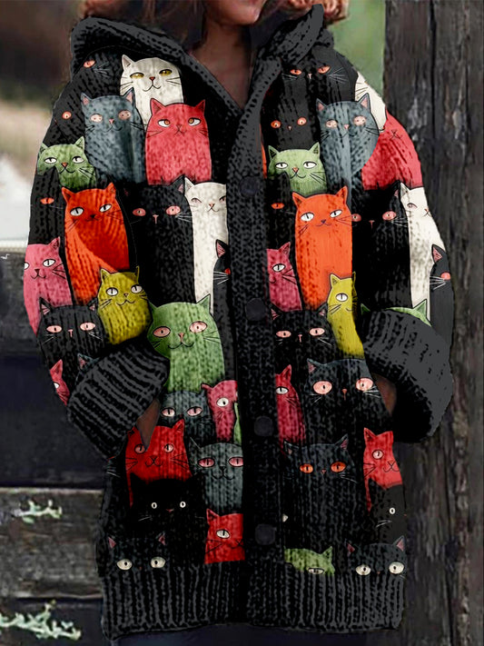 Cute Crowded Cats Pattern Cozy Hooded Knit Cardigan elevenforest