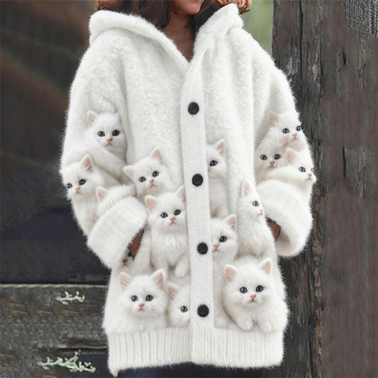 Crowded Fuzzy Cats Art Cozy Knit Hooded Cardigan elevenforest