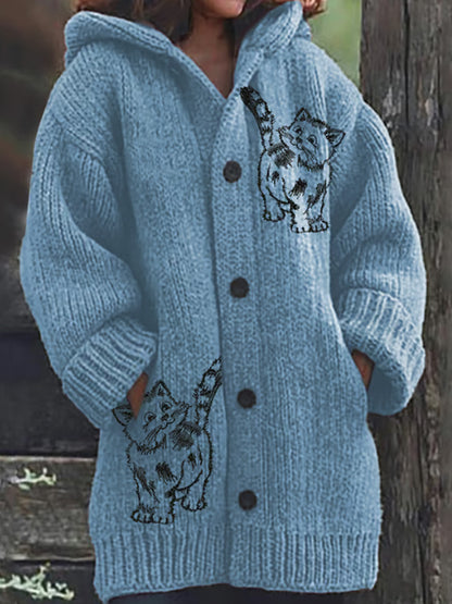 Women's Retro Funny Animal Cat Print Cozy Knitted Hoodie Jacket elevenforest