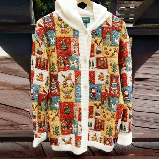 Women's Christmas Patchwork Print Contrast Color Cozy Sweater Cardigan artswardrobe