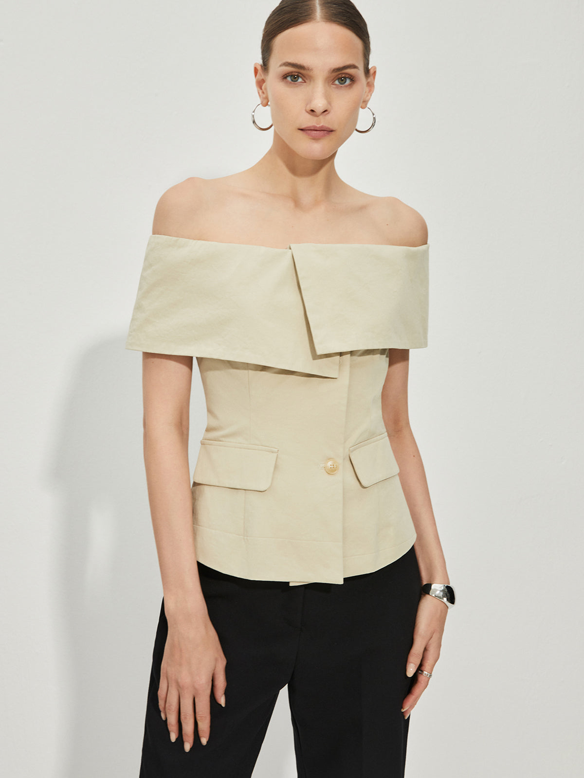 CM | Blazer Épaule Nue Ajusté à Motifs Patchwork