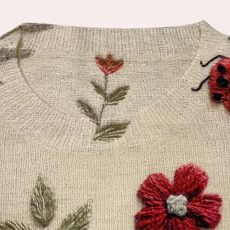 Jersey de algodón con insectos y flores tejidas multicolores