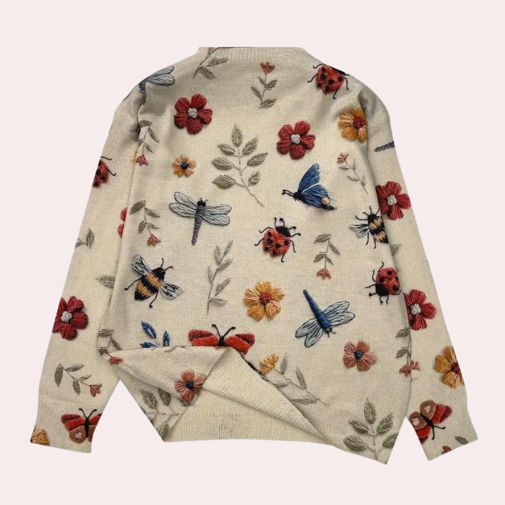 Jersey de algodón con insectos y flores tejidas multicolores