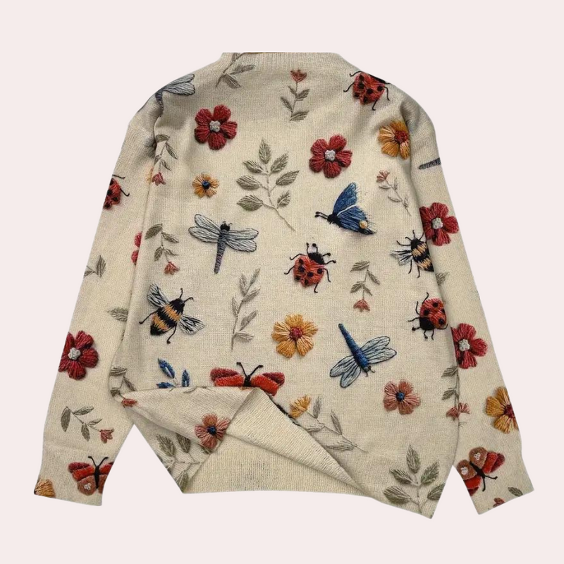 Jersey de algodón con insectos y flores tejidas multicolores