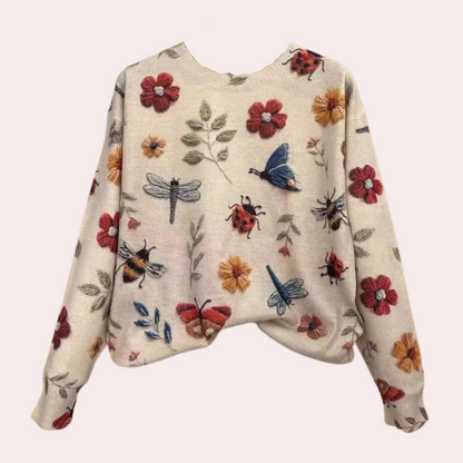 Jersey de algodón con insectos y flores tejidas multicolores
