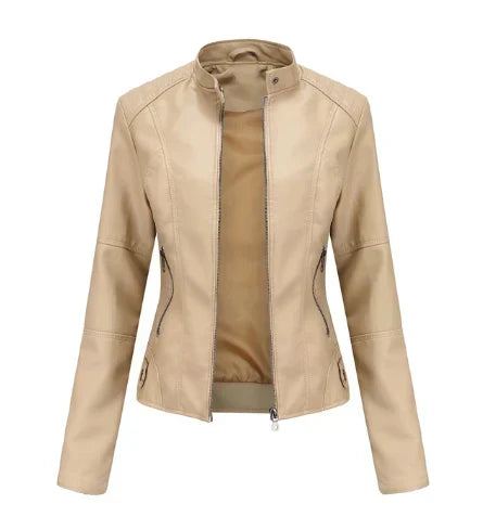 Chaqueta de cuero para mujer con cuello Mao
