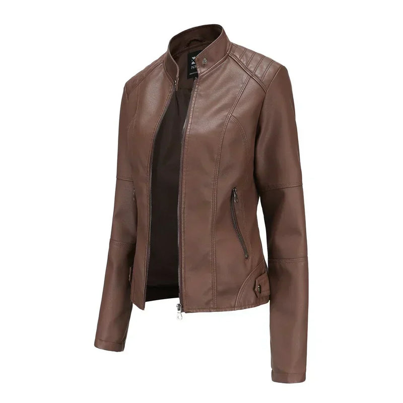 Chaqueta de cuero para mujer con cuello Mao