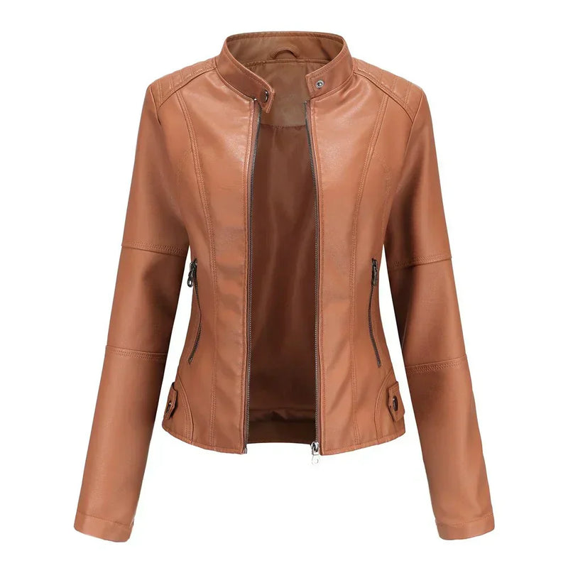 Chaqueta de cuero para mujer con cuello Mao