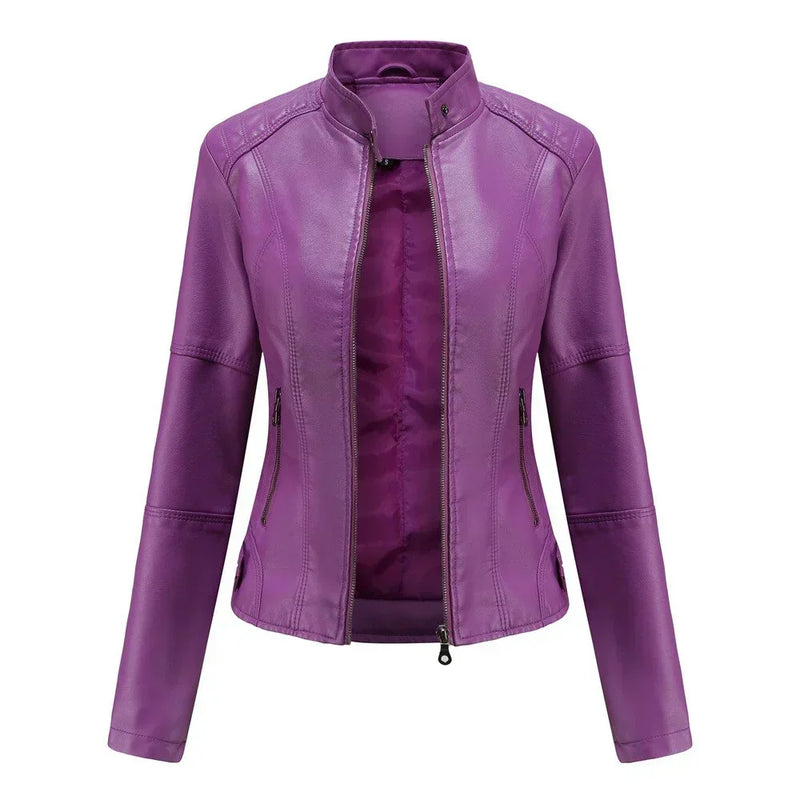 Chaqueta de cuero para mujer con cuello Mao