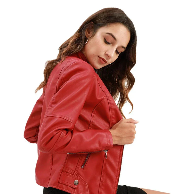 Chaqueta de cuero para mujer con cuello Mao