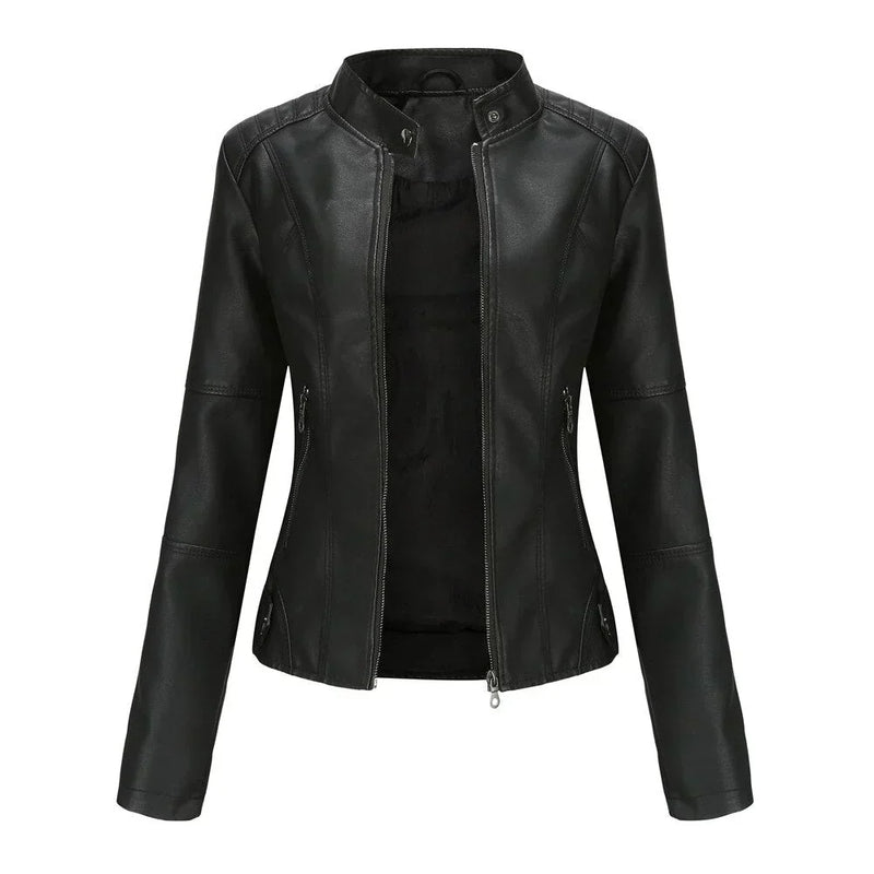 Chaqueta de cuero para mujer con cuello Mao