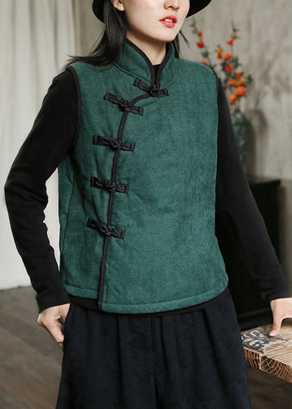 Nuevo chaleco polar verde con cuello alto, botones, cálido, sin mangas