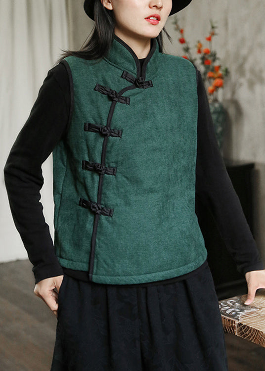 Nuevo chaleco polar verde con cuello alto, botones, cálido, sin mangas