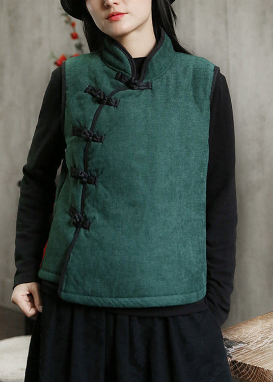 Nuevo chaleco polar verde con cuello alto, botones, cálido, sin mangas