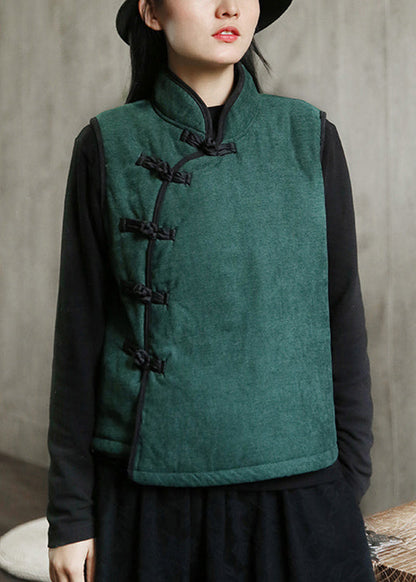 Nuevo chaleco polar verde con cuello alto, botones, cálido, sin mangas