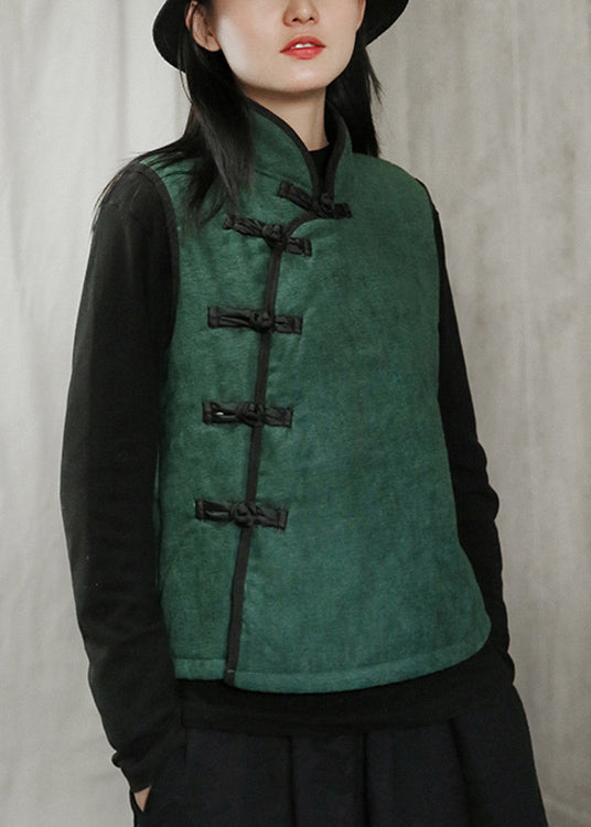 Nuevo chaleco polar verde con cuello alto, botones, cálido, sin mangas