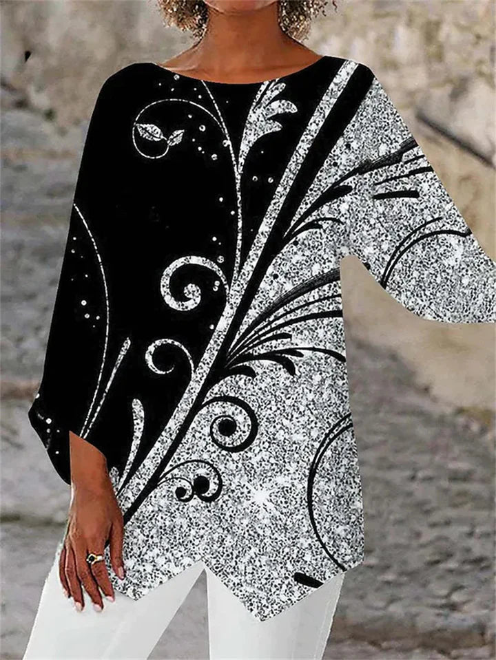 CM | Elegante blusa de manga larga con estampado geométrico