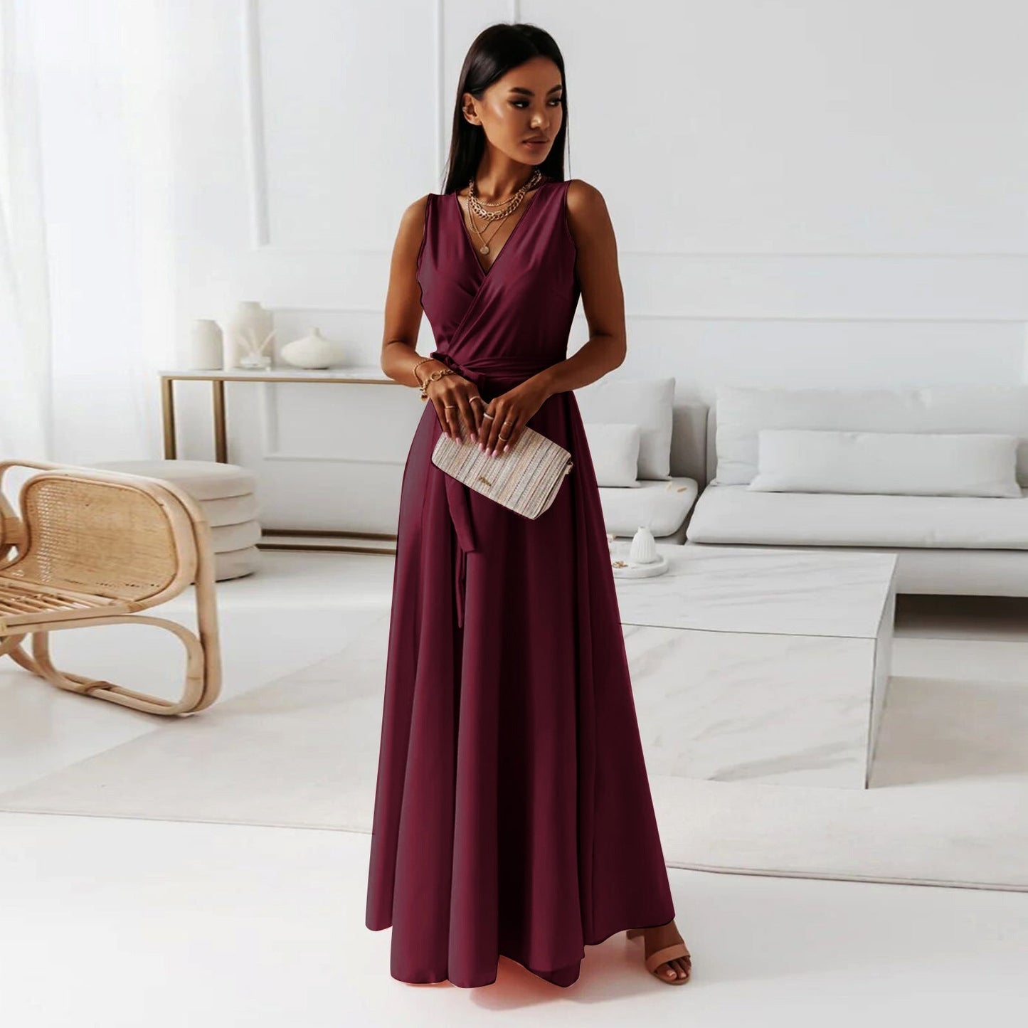 KL | Gretchen -Femeninos vestidos tobilleros con escote en V