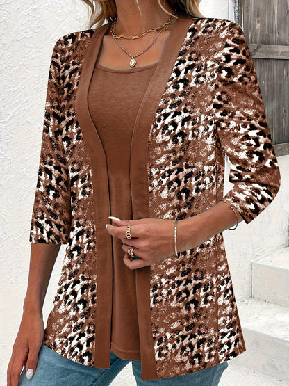 KS Conjunto de dos piezas, top liso y cárdigan con estampado de leopardo