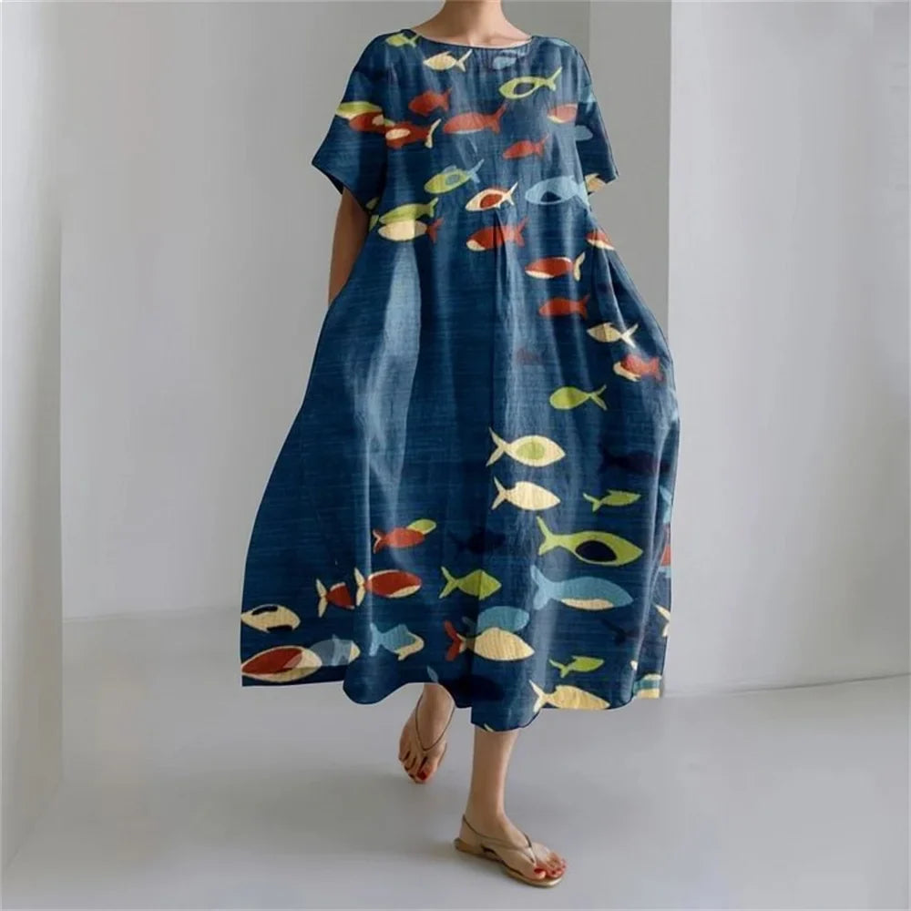 KL | Plus-Size Vestido de verano holgado con bolsillo y cuello en O Elegante vestido maxi de verano