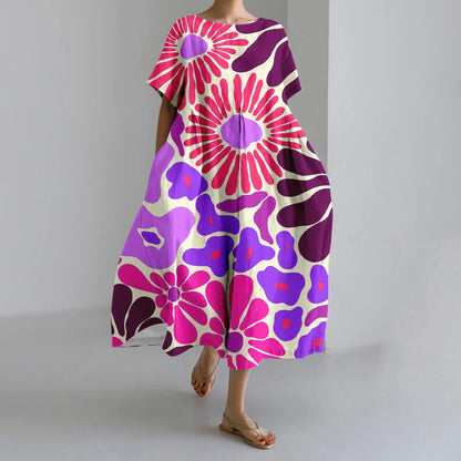 KL | Nuevo Verano Vestidos de Mujer Exquisito Elegante Cuello Redondo Manga Corta Largo Rosa de Puntos Irregular Impreso Cómodo Vestido Midi