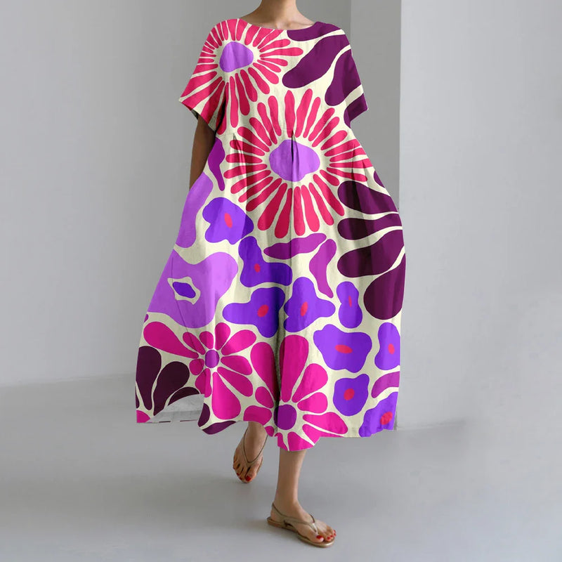 KL | Nuevo Verano Vestidos de Mujer Exquisito Elegante Cuello Redondo Manga Corta Largo Rosa de Puntos Irregular Impreso Cómodo Vestido Midi