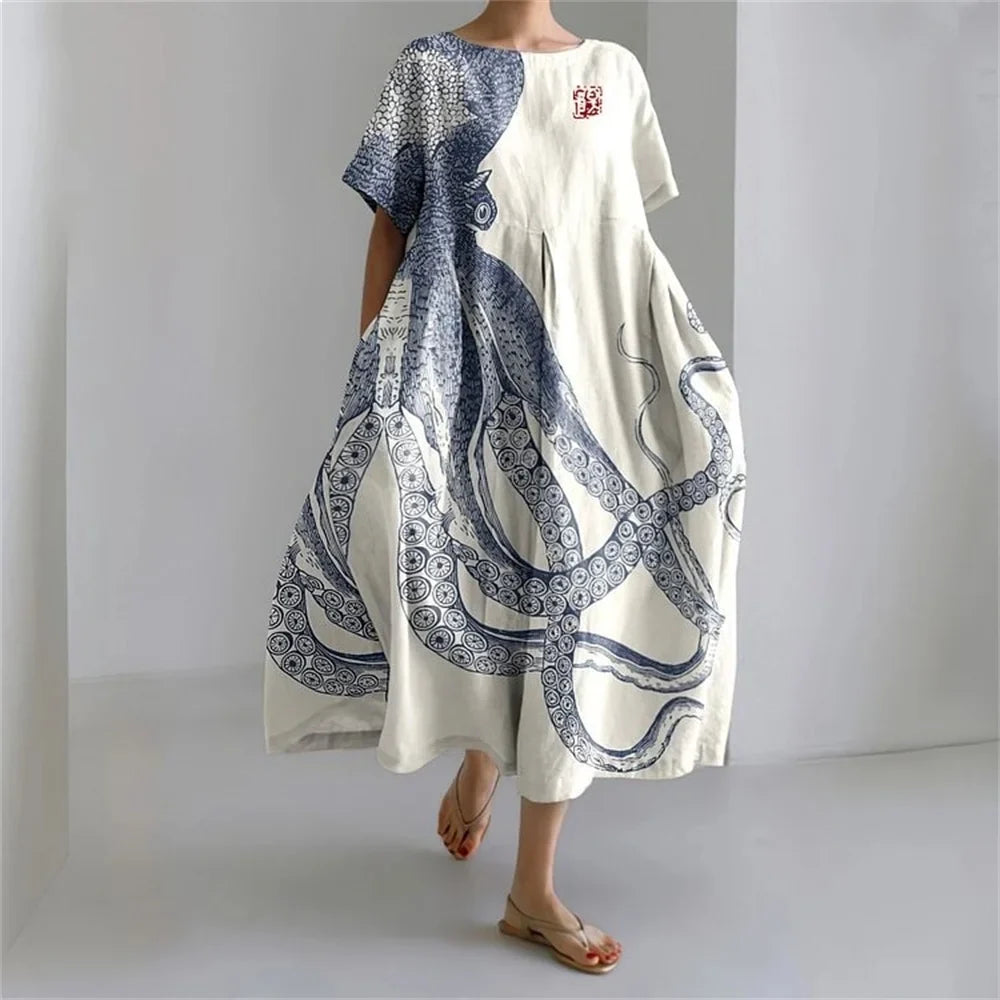 KL | Plus-Size Vestido de verano holgado con bolsillo y cuello en O Elegante vestido maxi de verano