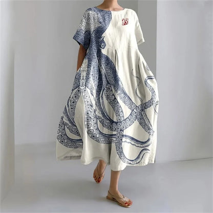 KL | Plus-Size Vestido de verano holgado con bolsillo y cuello en O Elegante vestido maxi de verano