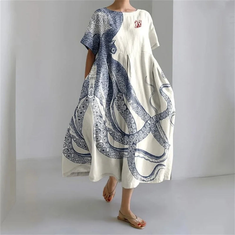 KL | Plus-Size Vestido de verano holgado con bolsillo y cuello en O Elegante vestido maxi de verano