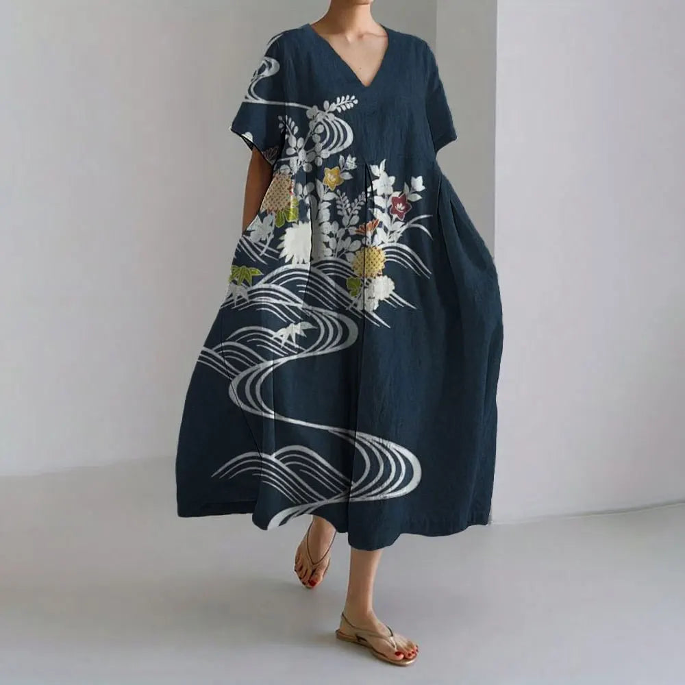 KL | Plus-Size Vestido de verano holgado con bolsillo y cuello en O Elegante vestido maxi de verano