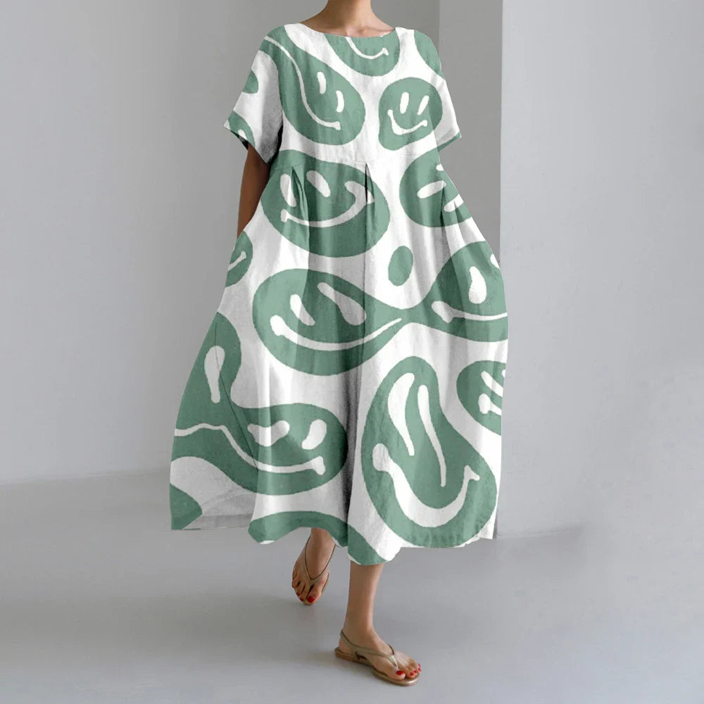 KL | Nuevo Verano Vestidos de Mujer Exquisito Elegante Cuello Redondo Manga Corta Largo Rosa de Puntos Irregular Impreso Cómodo Vestido Midi